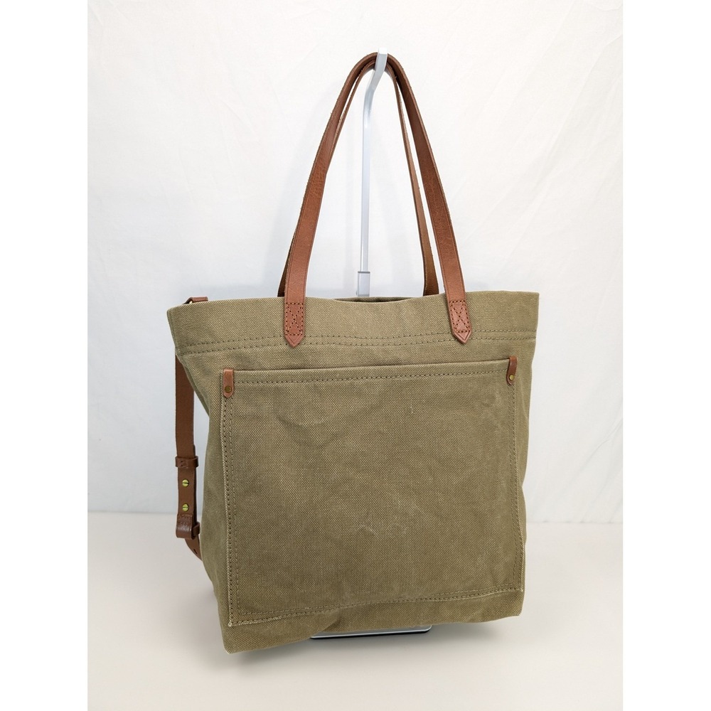 Madewell Canvas Leather Tote Bag Green Utility School Grocery Granola Beach - Picture 2 of 10